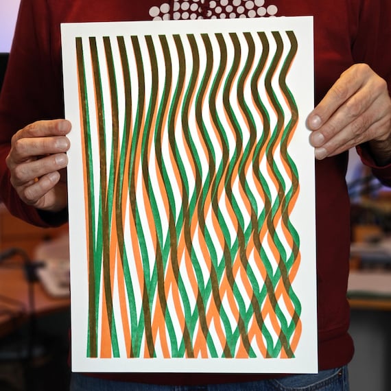 Wavy Lines, a green and orange A3 risograph print
